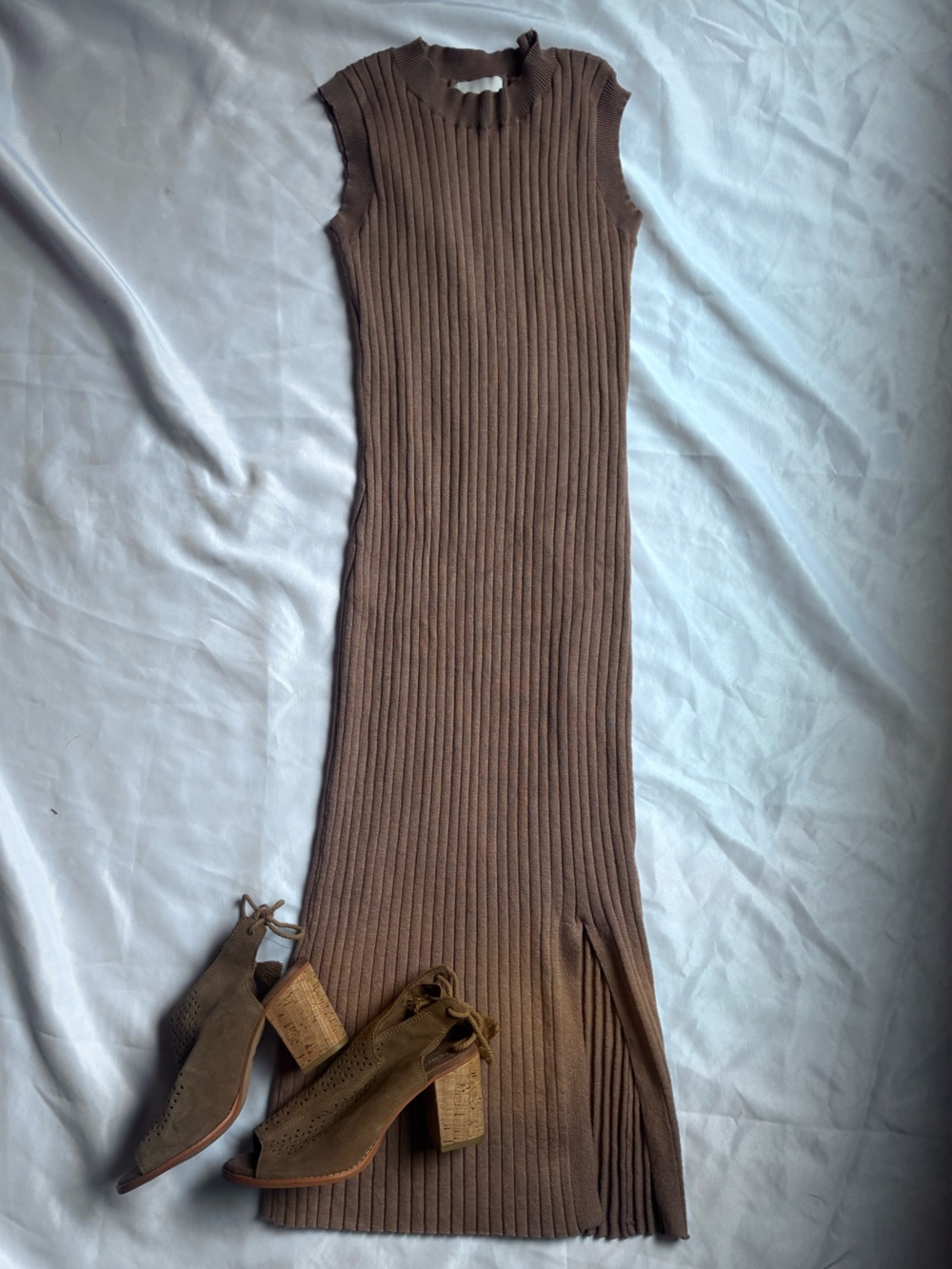 Pink Rose Ribbed Knit Sleeveless Maxi Dress in Brown